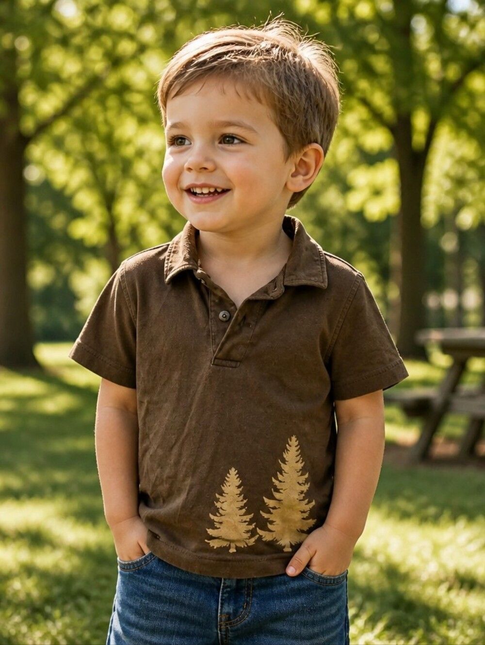 Toddler Boy Brown Polo Shirt Spruce Tree Graphic Collar Short Sleeves Casual 3T